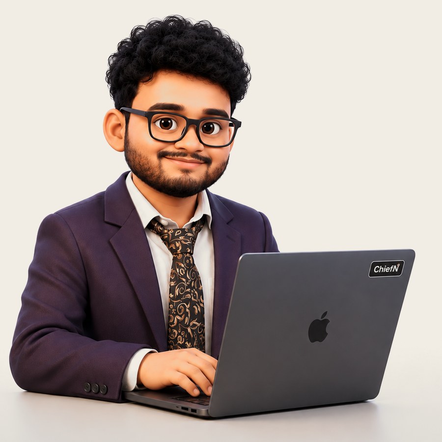 Illustrated portrait of Diptiranjan Rout, working at a laptop.